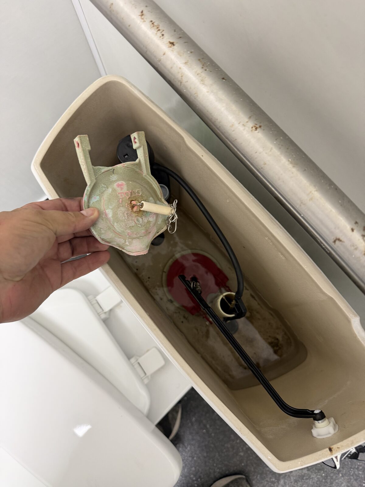 Old flush valve removed from a toilet tank