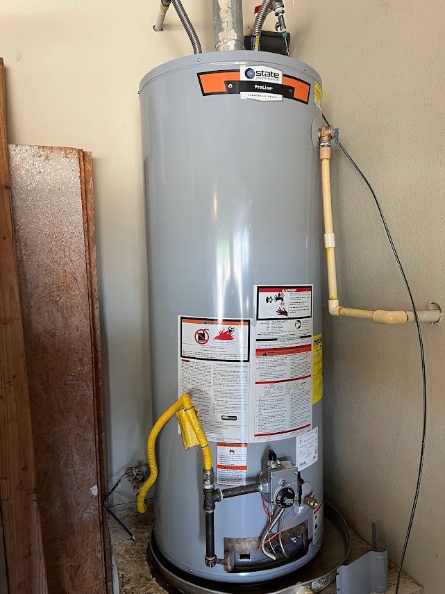 Finished State ProLine tank water heater installation with tidy gas flex and expansion piping